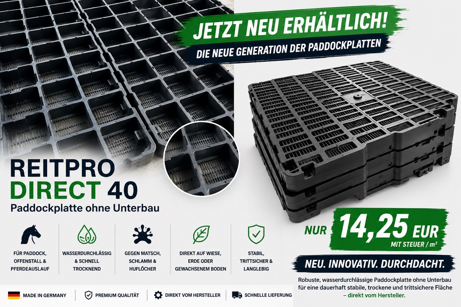 Paddockplatten kaufen & Rasengitter - Paddockgitter ohne Unterbau ReitPRO Direct 40