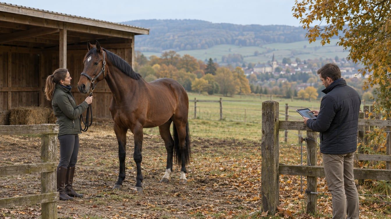Une propriétaire et un cheval devant un abri de prairie dans la campagne luxembourgeoise