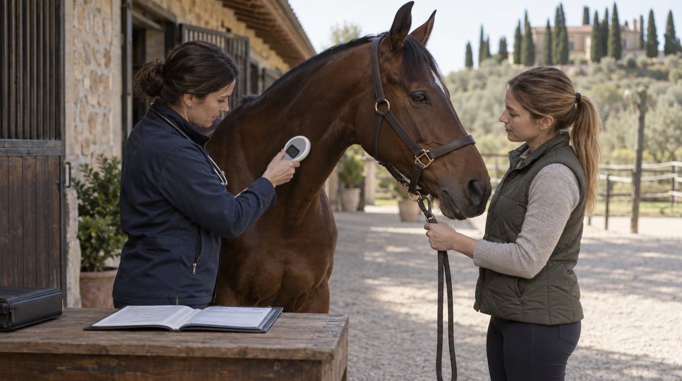 Veterinaria legge il microchip di un cavallo baio durante una visita in un maneggio italiano