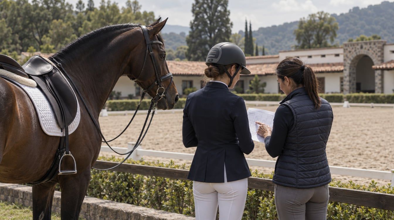 Jinete revisando una tabla de adiestramiento junto a un caballo ensillado en un picadero de México