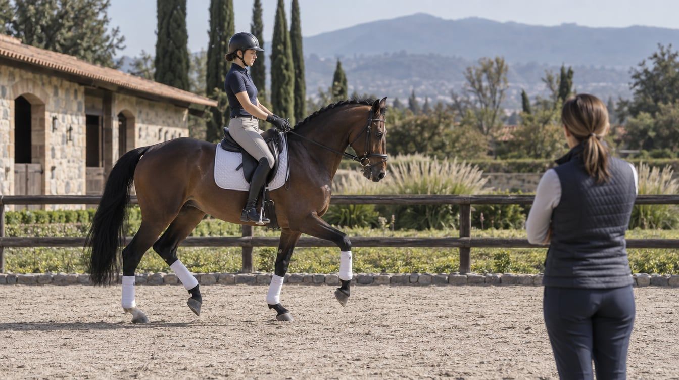 Jinete monta un caballo al trote durante una prueba de adiestramiento en una pista mexicana