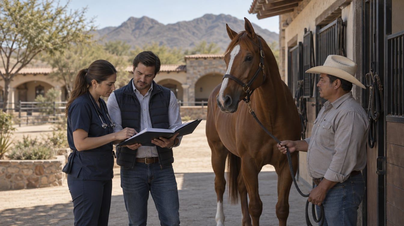 Veterinaria y comprador revisan documentos junto a un caballo alazán en una caballeriza