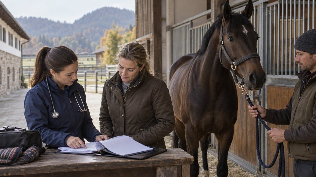 Medic veterinar și proprietară verificând documentele unui cal murg într-un grajd