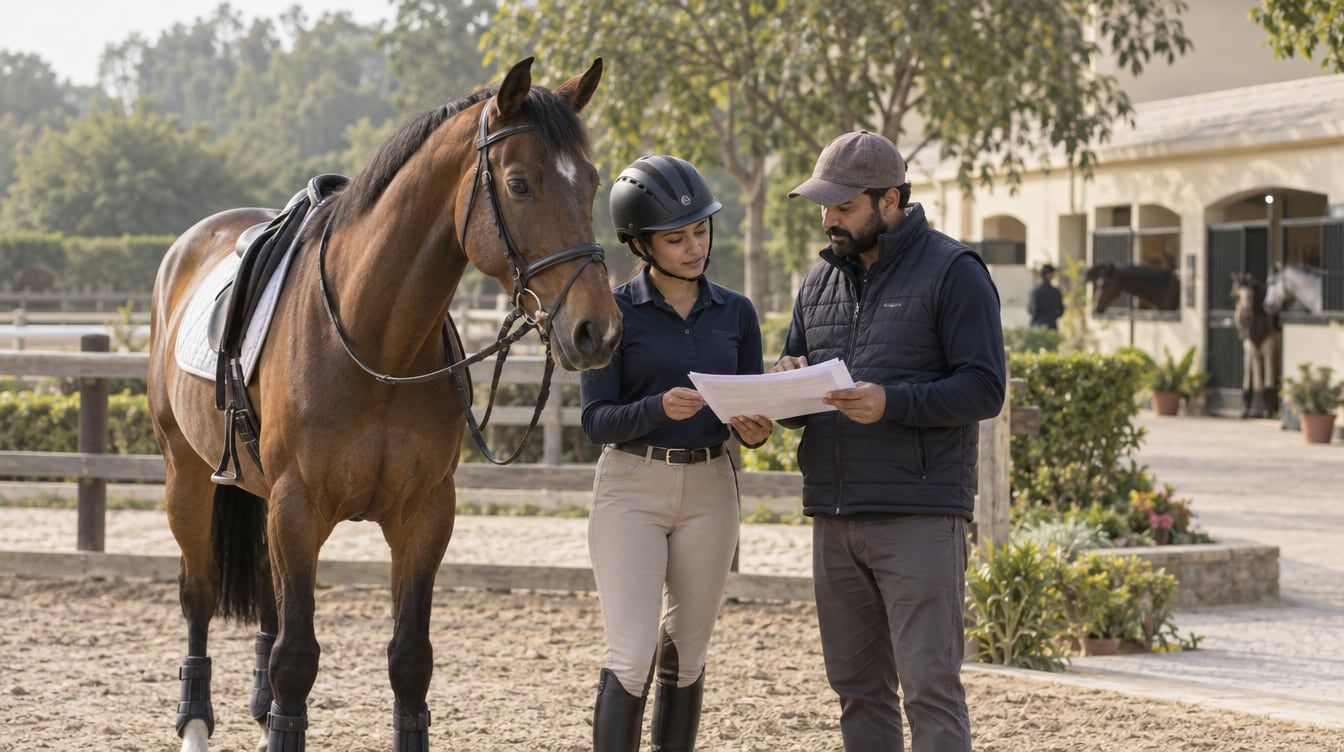 Two people reviewing a paper plan beside a bay horse in a stable courtyard
