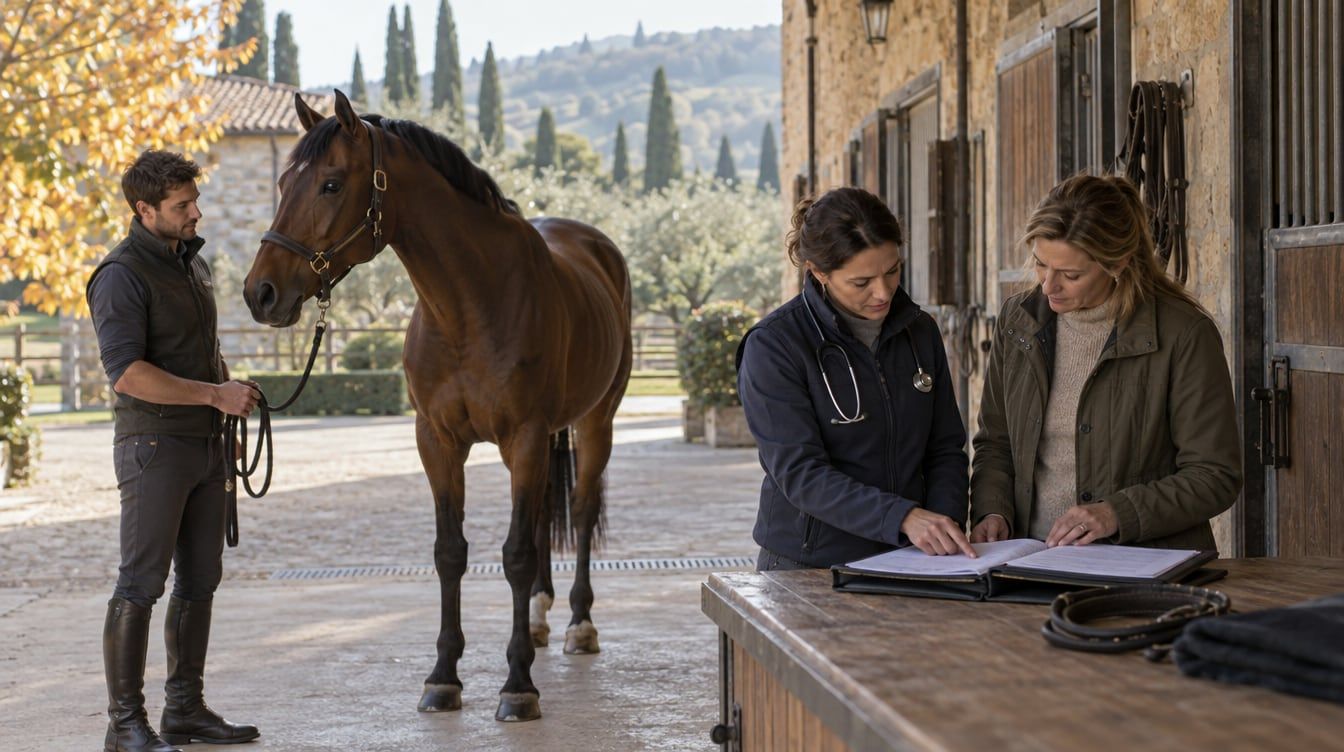 Due persone esaminano una cartella di documenti accanto a un cavallo baio nel corridoio di una scuderia