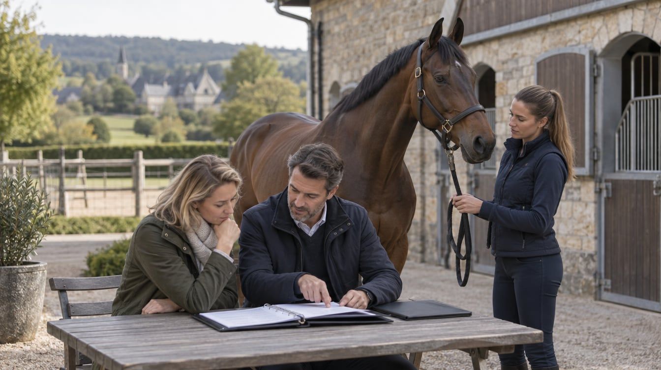 Une propriétaire et un conseiller consultent un dossier près d’un cheval dans une cour d’écurie au Luxembourg.