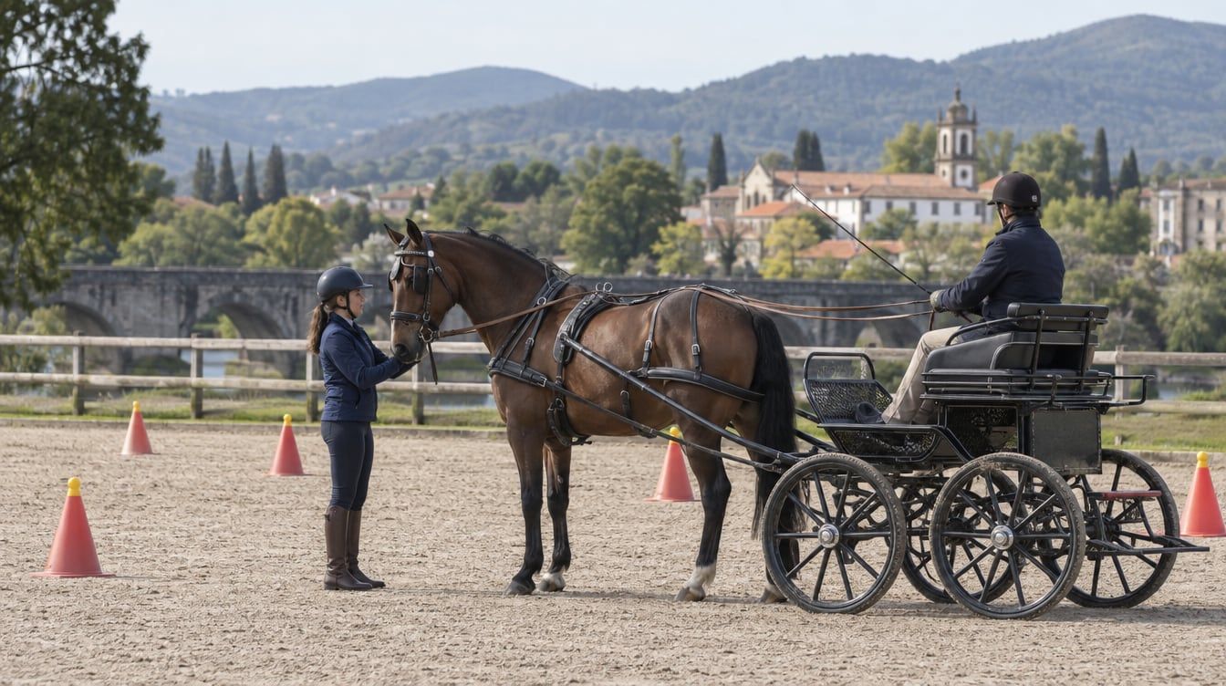 Condutor no carro e ajudante junto à cabeça de um cavalo castanho atrelado, numa pista com cones