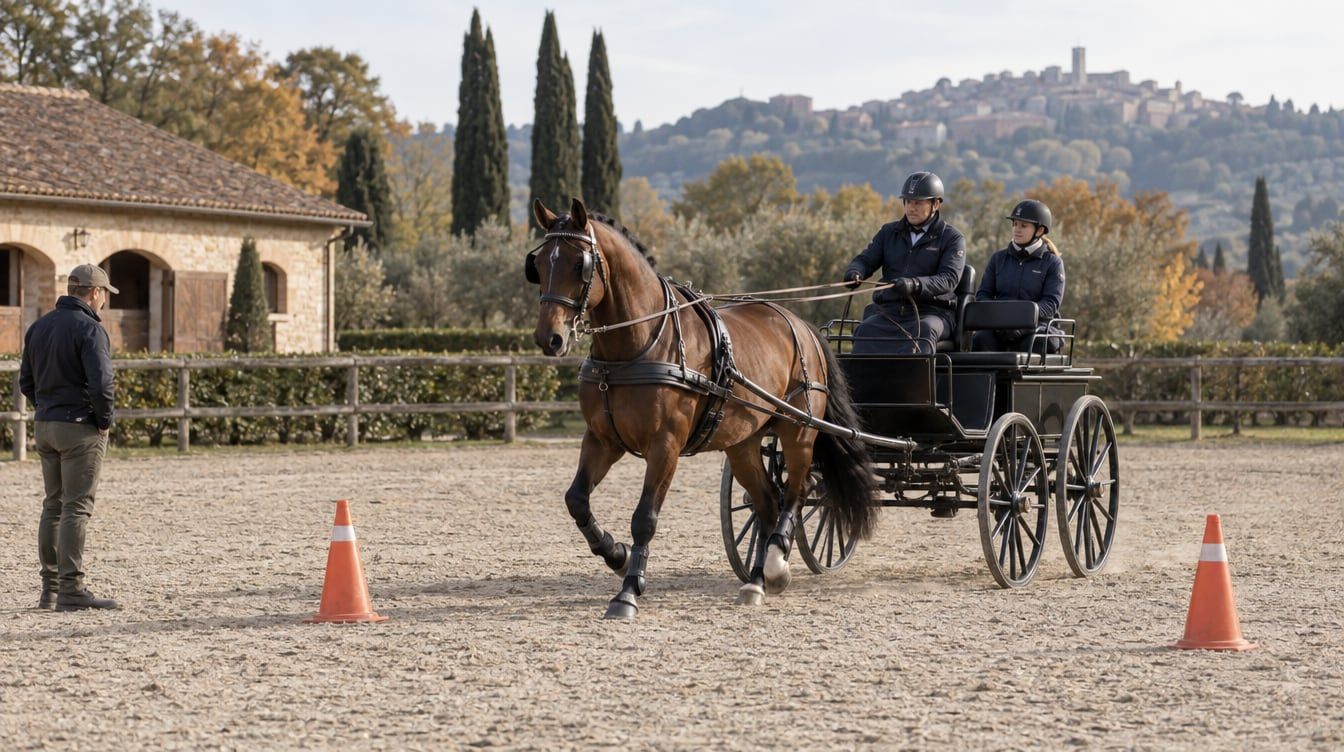 Illustrazione di un cavallo attaccato a una carrozza con guidatore e assistente durante una sessione di lavoro