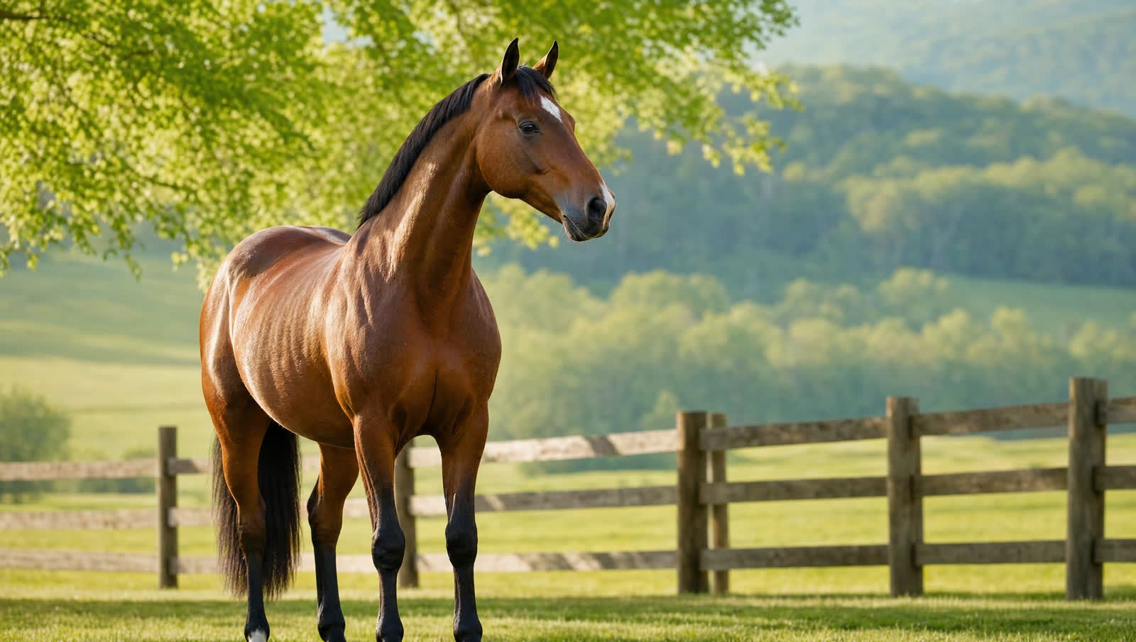 Brown sport horse in a sunny spring meadow, the busiest time to sell a horse