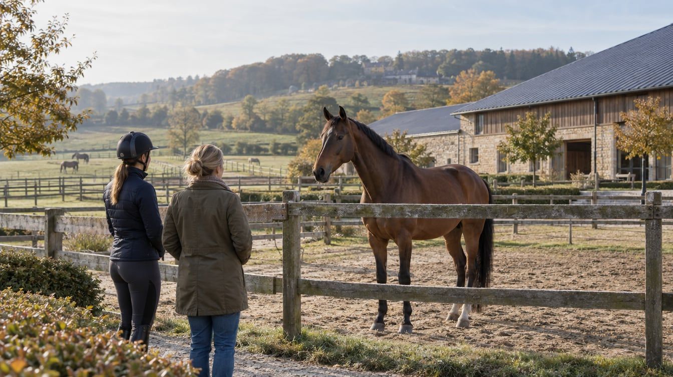 Cavalière observant un cheval au paddock dans une écurie luxembourgeoise