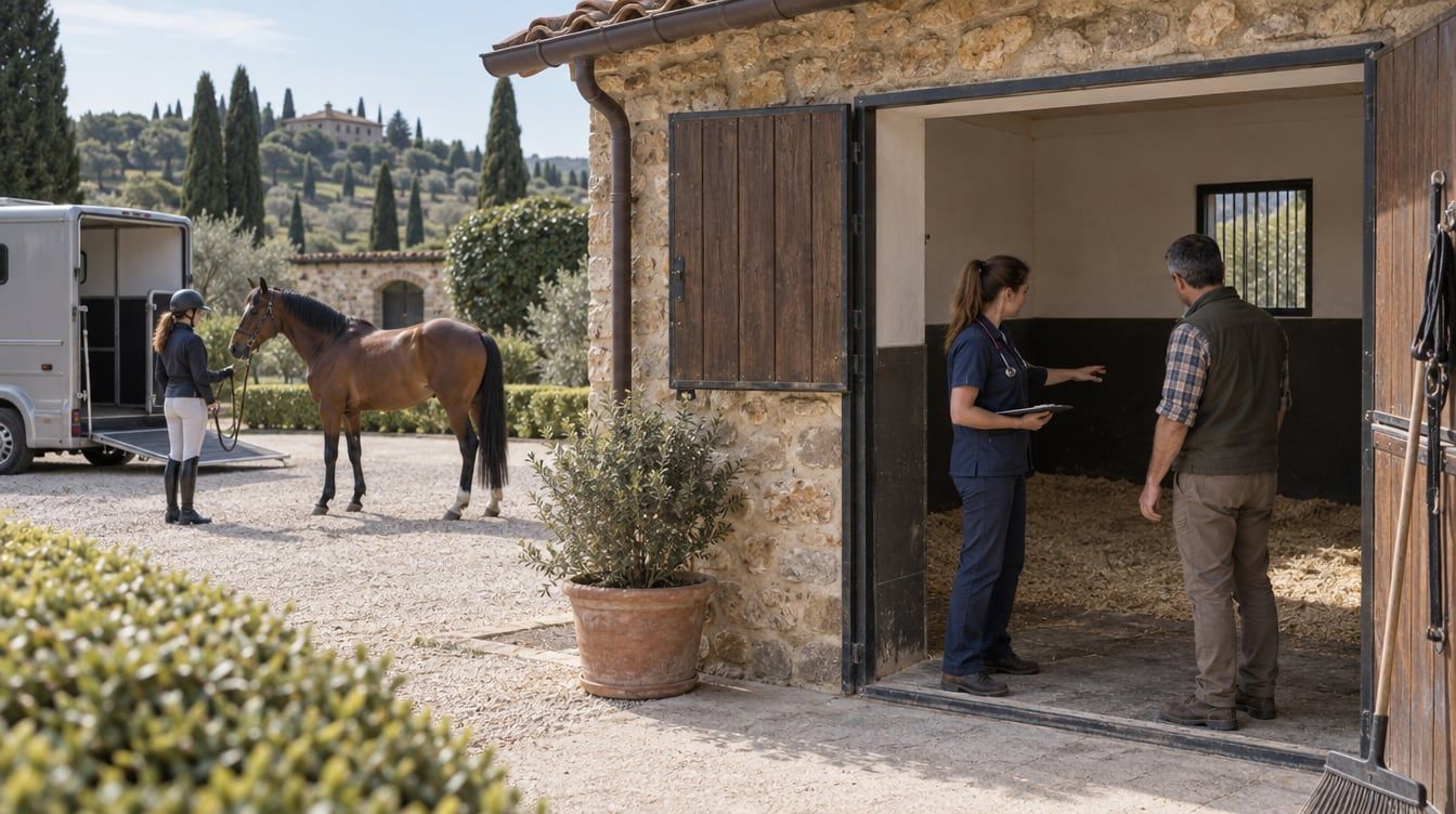 Veterinaria e gestore preparano un box di accoglienza per un cavallo in una scuderia italiana
