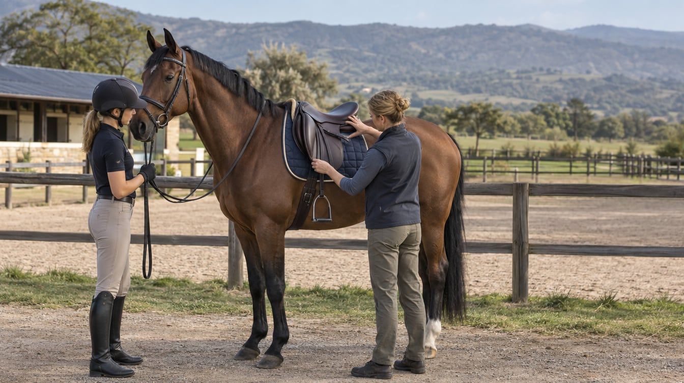 A saddle fitter and rider checking a bay horse beside a fenced arena