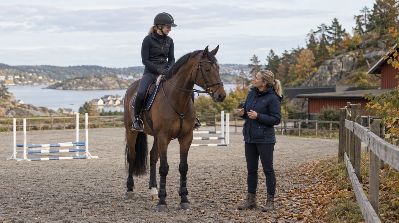 En rytter på en brun hest snakker med en trener ved ridebanen, med spranghindre i bakgrunnen.