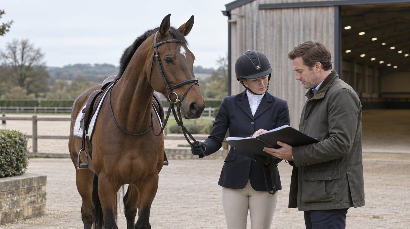 A buyer and rider reviewing a horse's paperwork beside a bay showjumper at an English competition yard