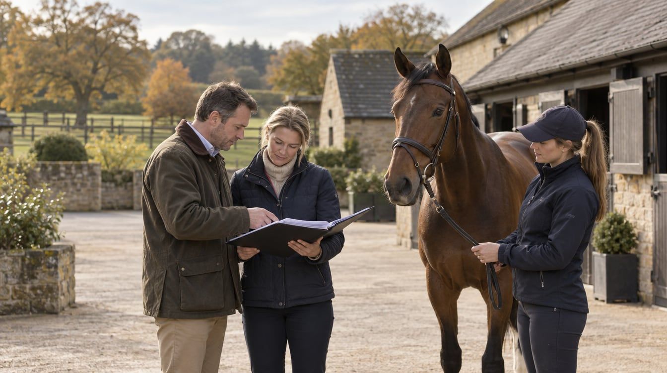 A buyer and seller reviewing sale paperwork beside a bay horse in a stable yard