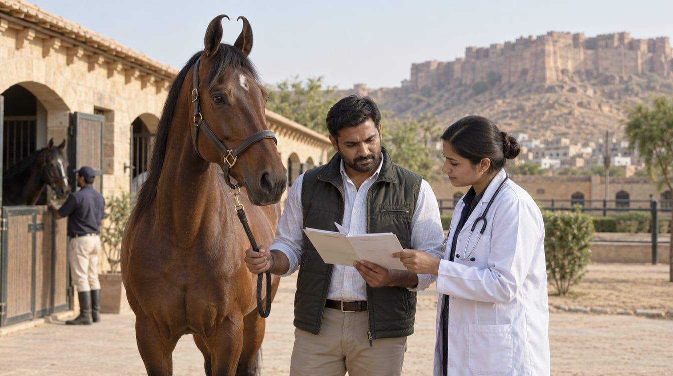 Buyer reviewing documents beside a Marwari horse with inward-curving ears