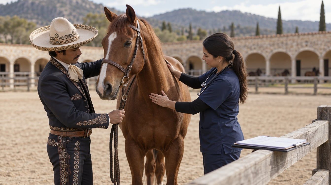 Charro y veterinaria junto a un caballo