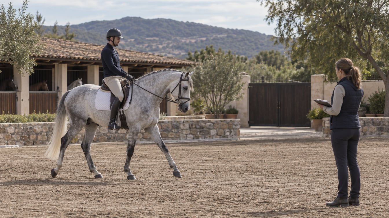 Ilustración de un jinete sobre un caballo tordillo y una mujer con una libreta junto a una pista ecuestre