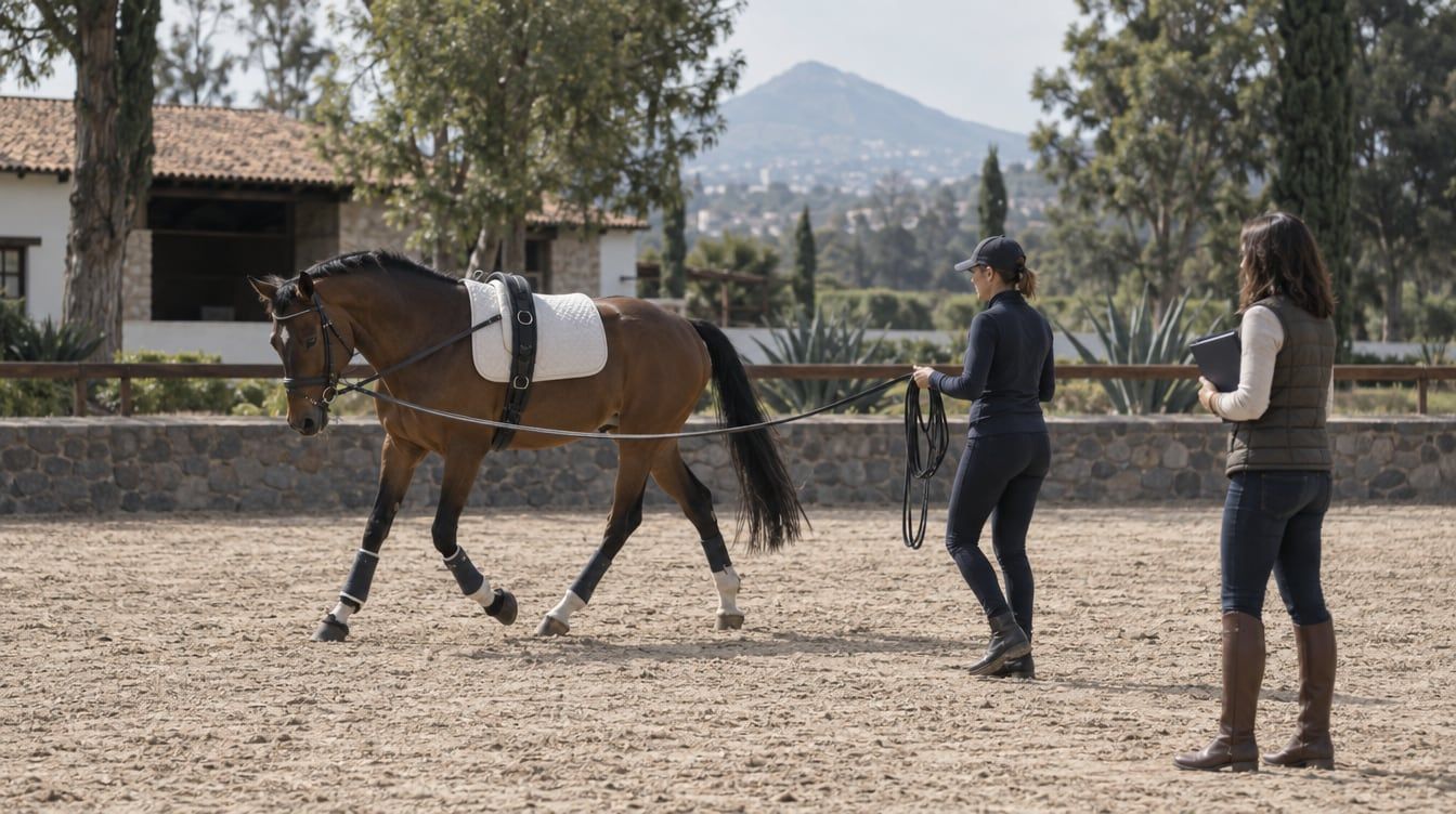 Caballo de volteo trabajando a la cuerda con entrenadora en una pista ecuestre de México