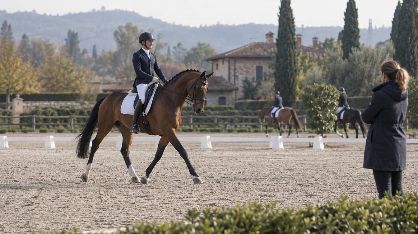 Cavaliere con cavallo da dressage nel campo prova di un concorso italiano