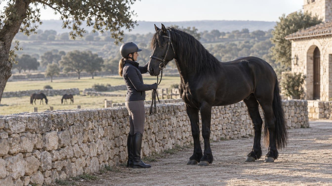 Donna accanto a un cavallo nero dietro una staccionata rurale