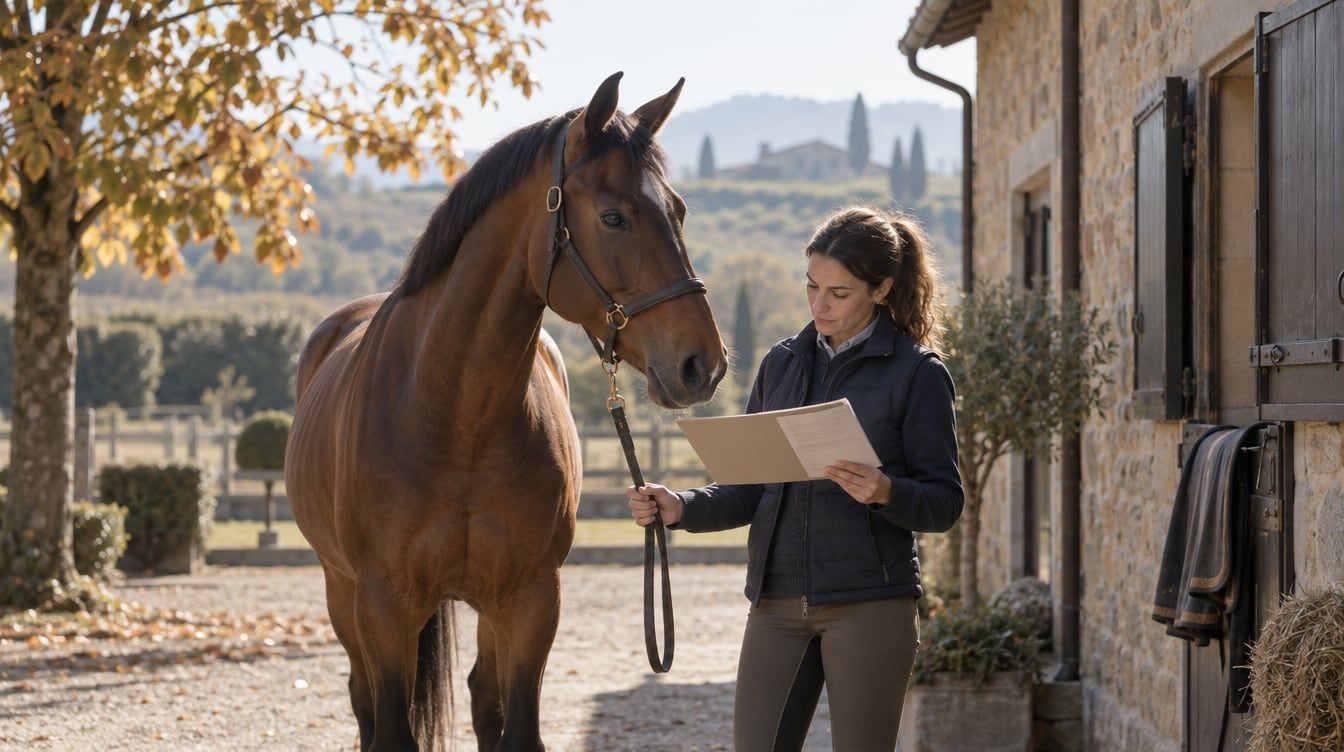 Cavallo baio e una persona in scuderia
