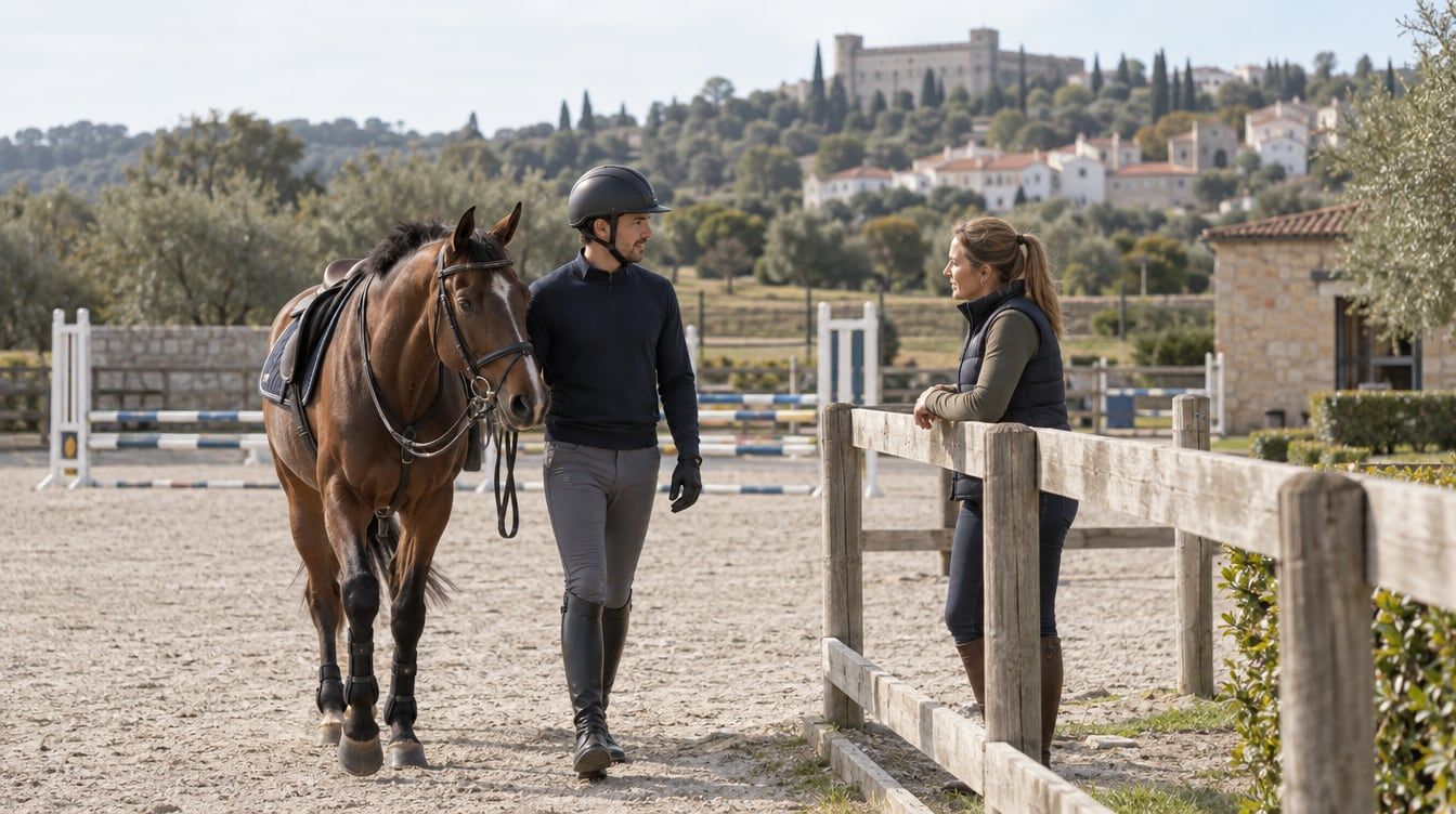 Cavaleiro conduz um cavalo castanho à mão junto à vedação de um picadeiro de obstáculos.