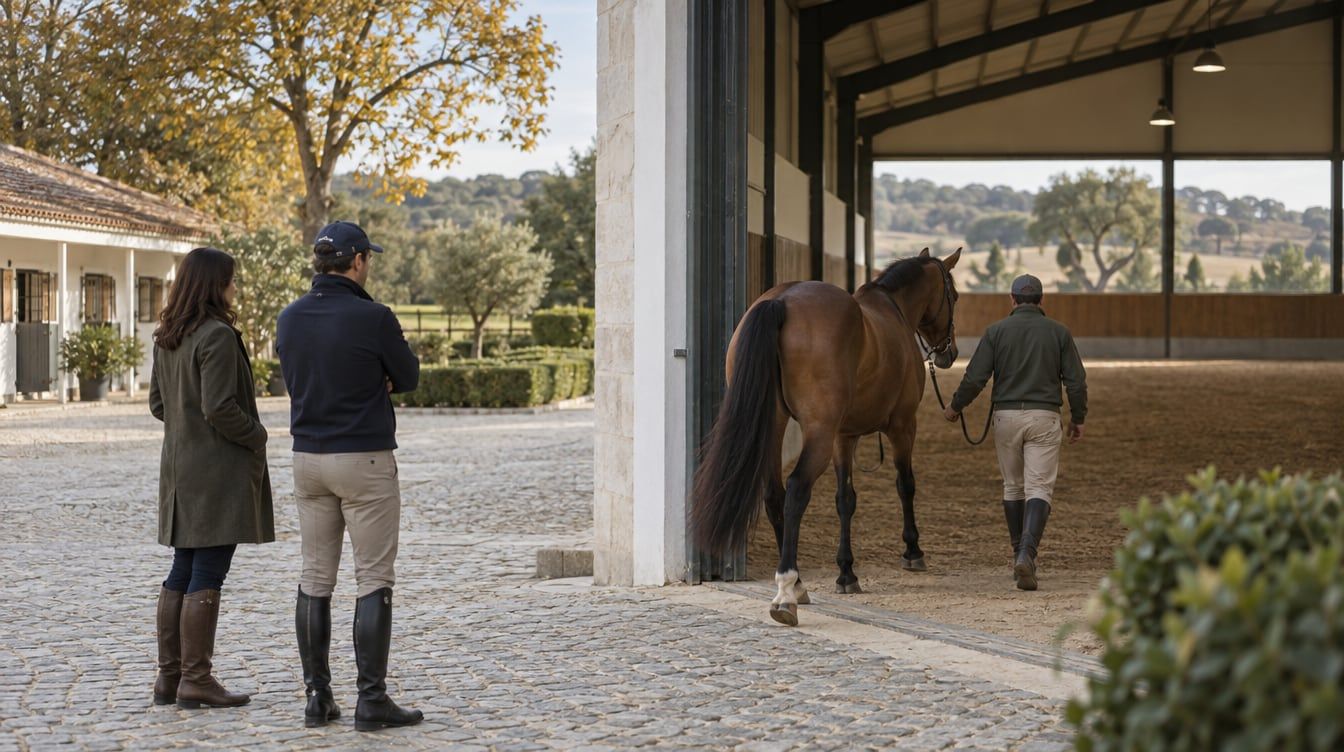 Duas pessoas observam um cavalo conduzido à entrada de um picadeiro coberto num centro equestre