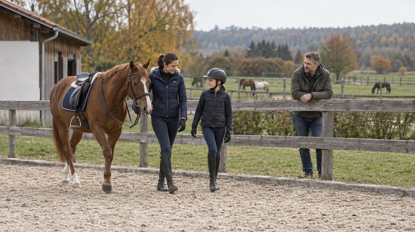 Trenérka vede ryzého ponyho vedle mladé jezdkyně v přilbě na venkovní jízdárně.