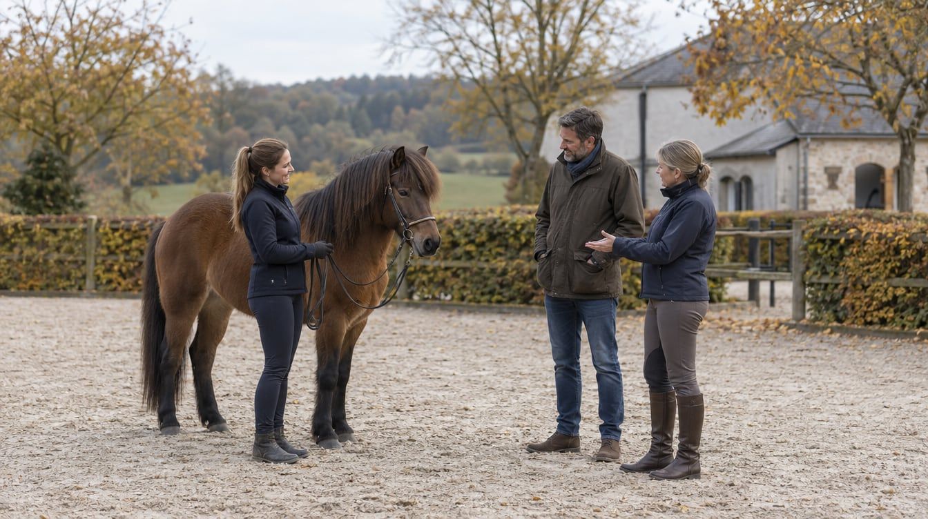 Une femme tient un cheval bai en main dans une carrière, face à deux personnes près d’une haie.