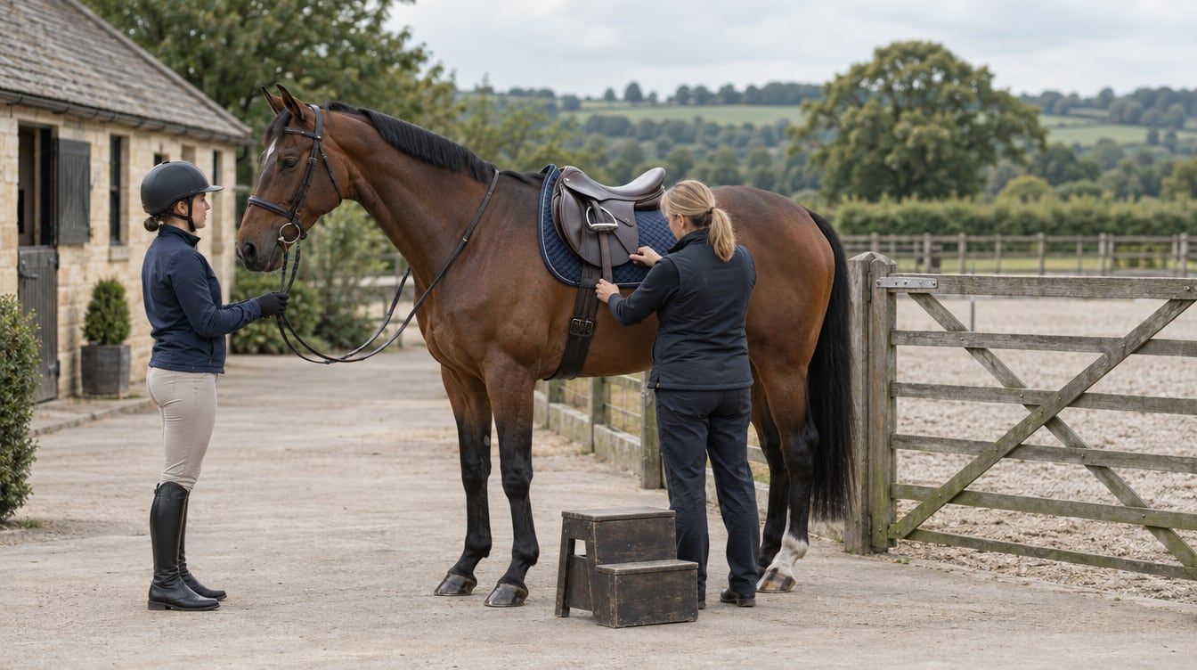 A saddle fitter checks a bay horse's saddle beside its rider at a livery yard.