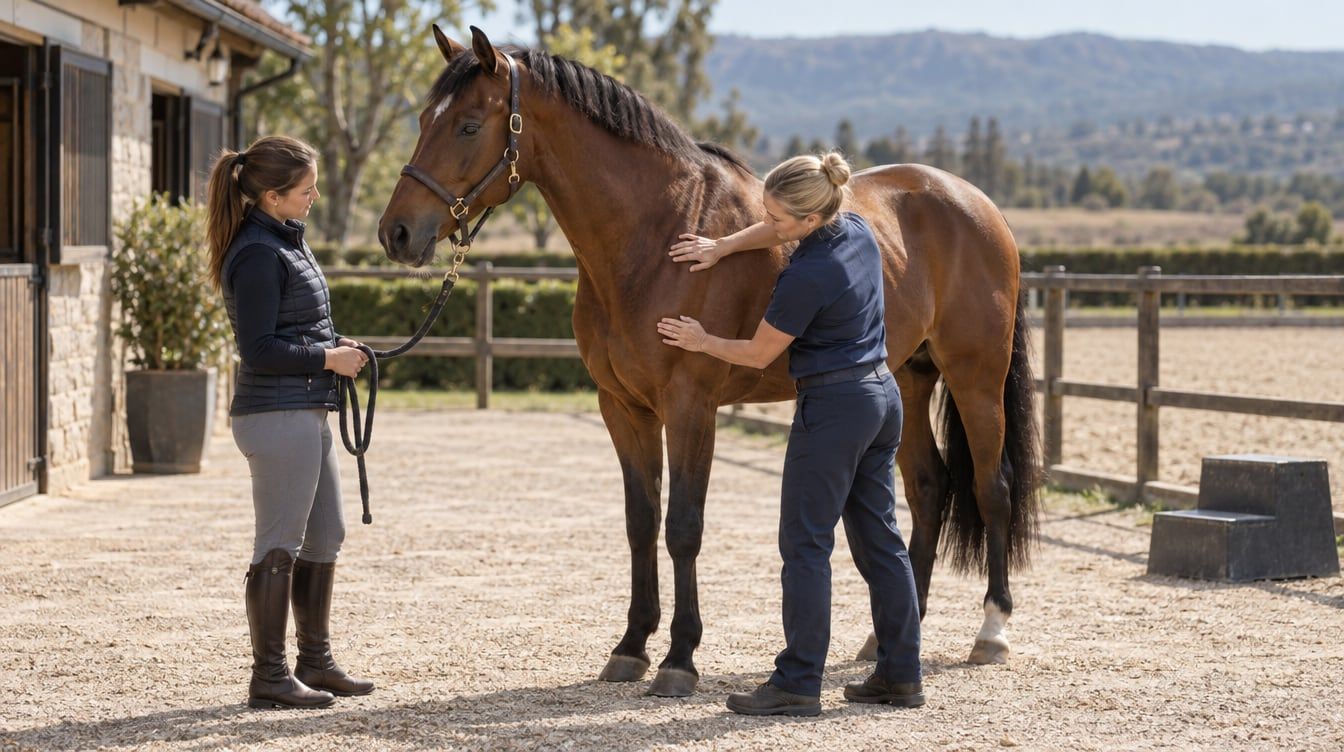 A veterinary physiotherapist assessing a bay horse beside its owner at a horse yard