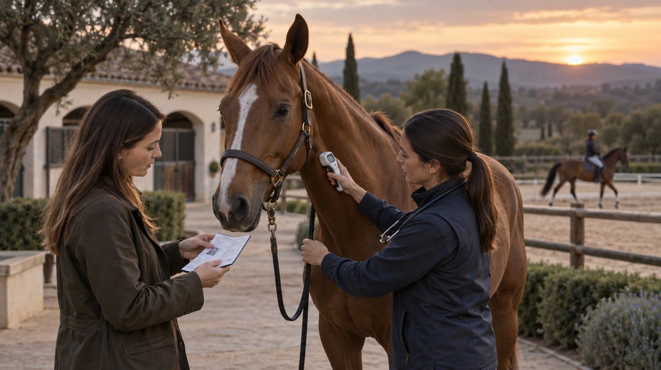 Compradora revisando la identificación de un caballo deportivo en una pista española