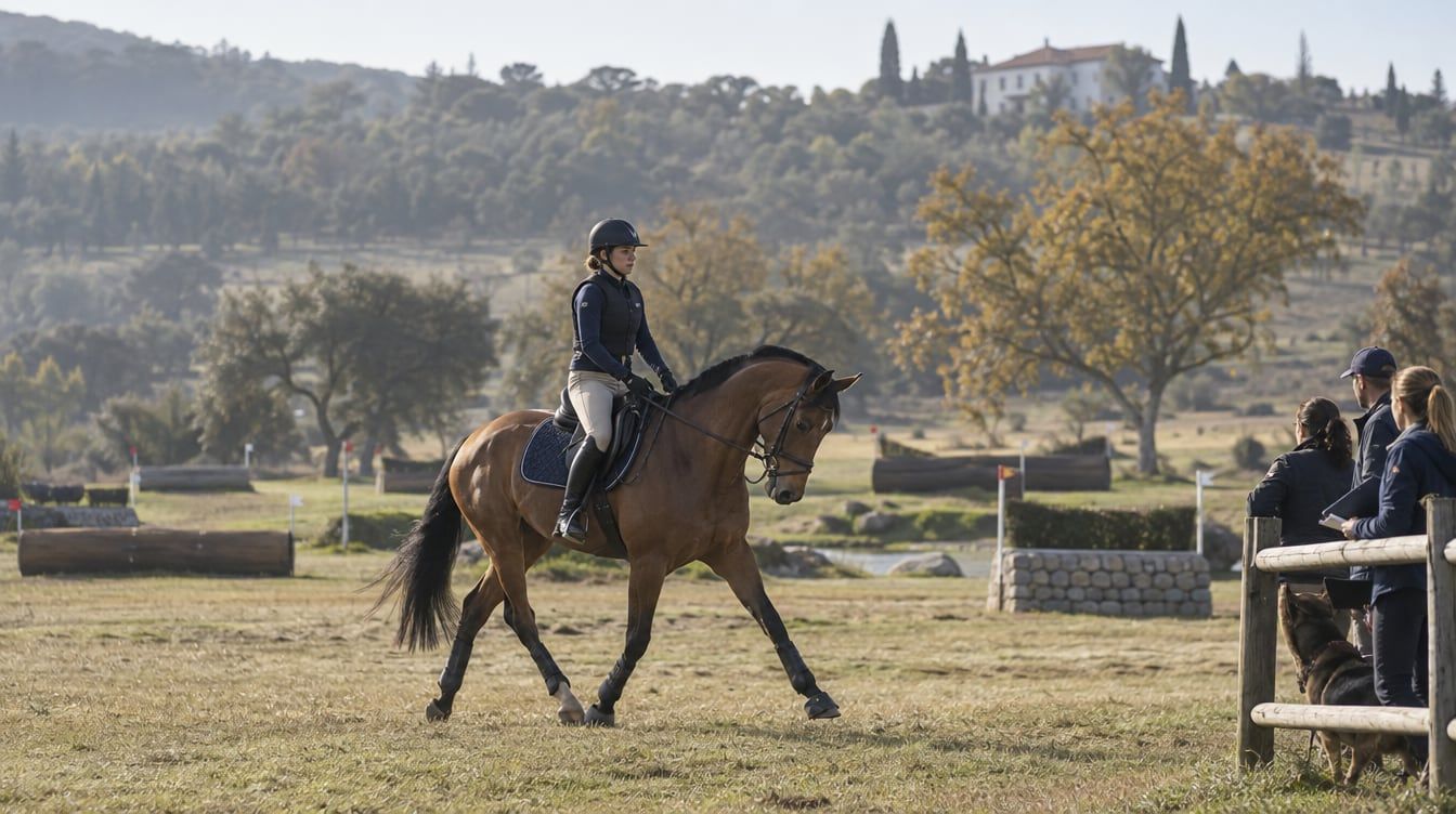 Cavaleiro a trabalhar um cavalo de concurso completo num campo português