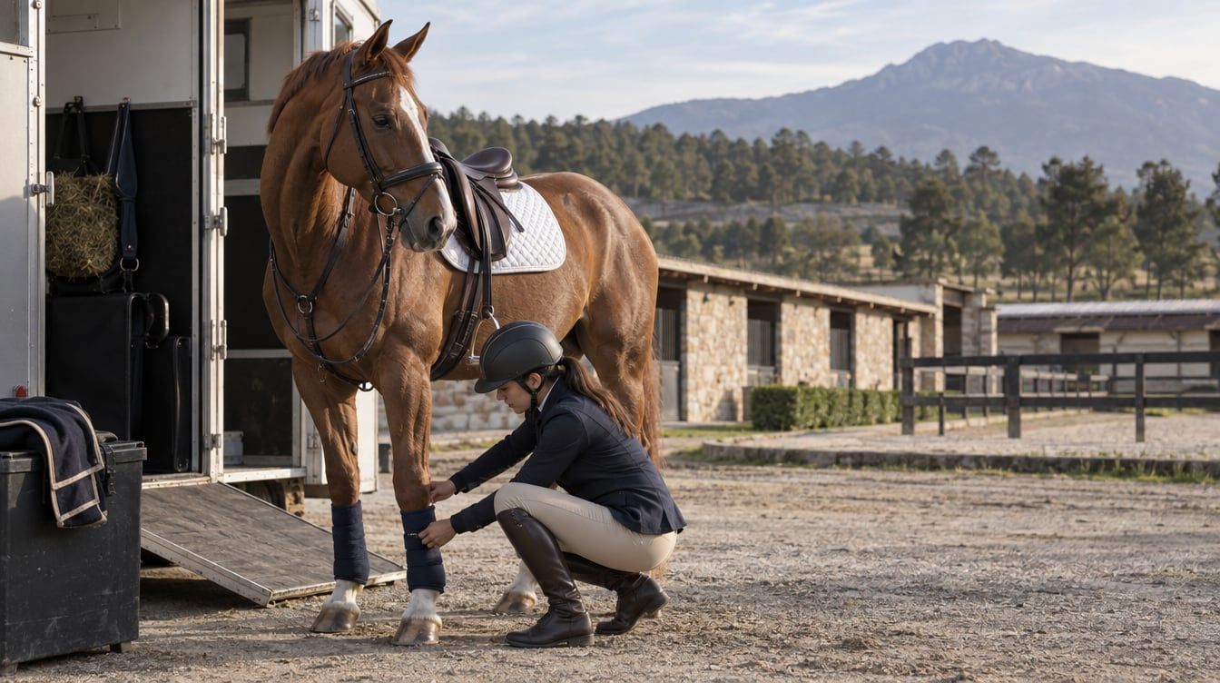 Jinete revisando a su caballo antes de una prueba de concurso completo en Perote