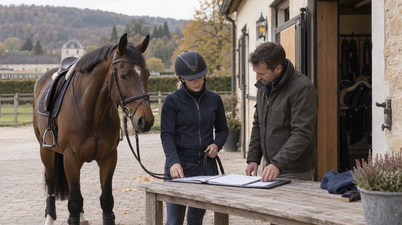 Une cavalière et un responsable de club préparent un dossier près d’un cheval dans une écurie au Luxembourg.