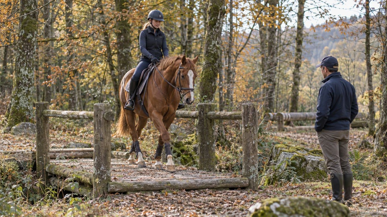 Cavalière à cheval devant une passerelle en bois
