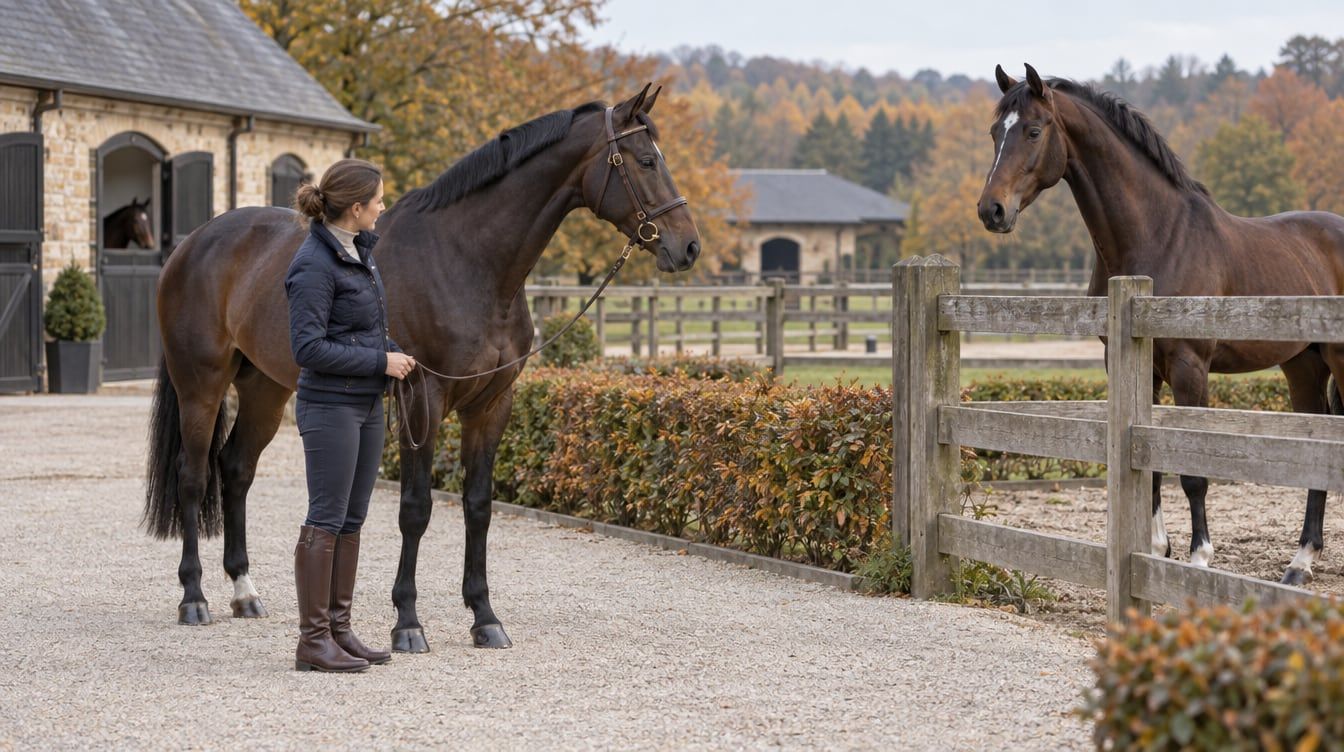 Breeder evaluating a mare alongside a young stallion at an international sport horse stud farm.