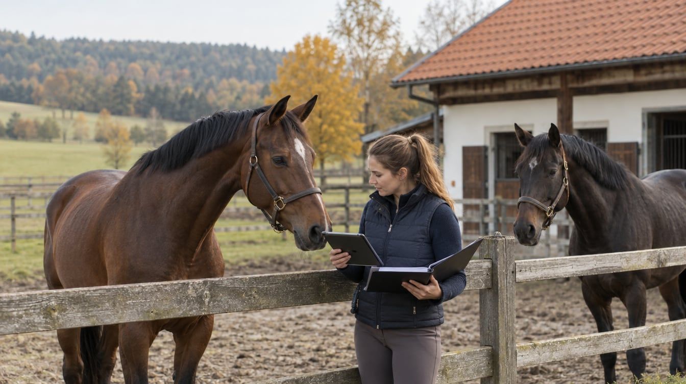 Chovatelka kontroluje podklady u ohrady s koňmi, v pozadí stojí stáj a podzimní pastvina.