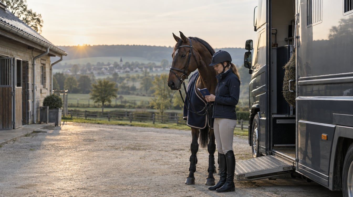 Cheval et cavalière devant un camion de transport dans une écurie luxembourgeoise
