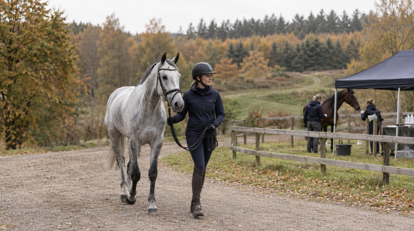 Rytter på en rolig distancehest ved en skovrute i Danmark