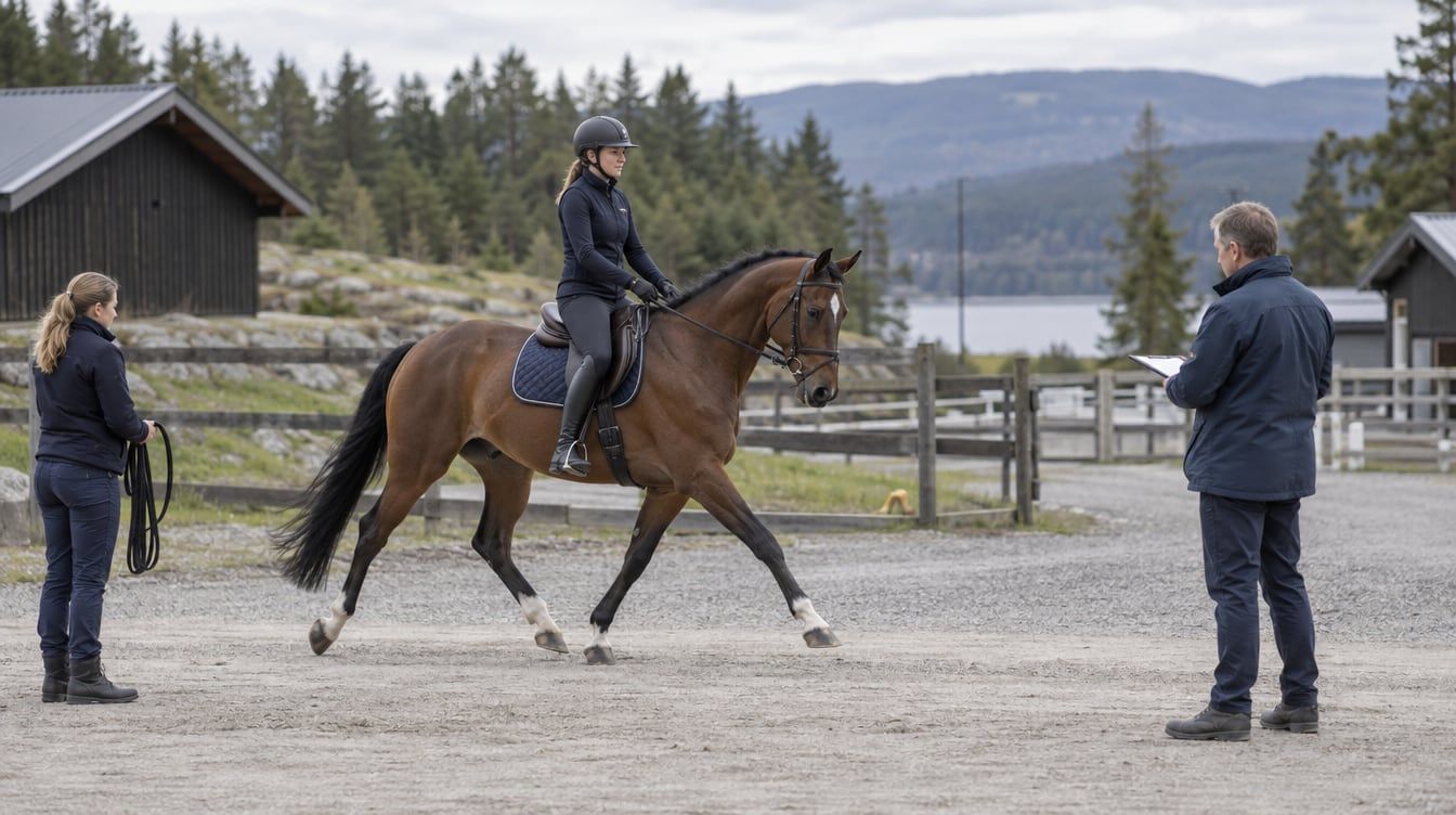 En rytter viser en hest i trav for en veterinær på en stevneplass i norsk skogsterreng.