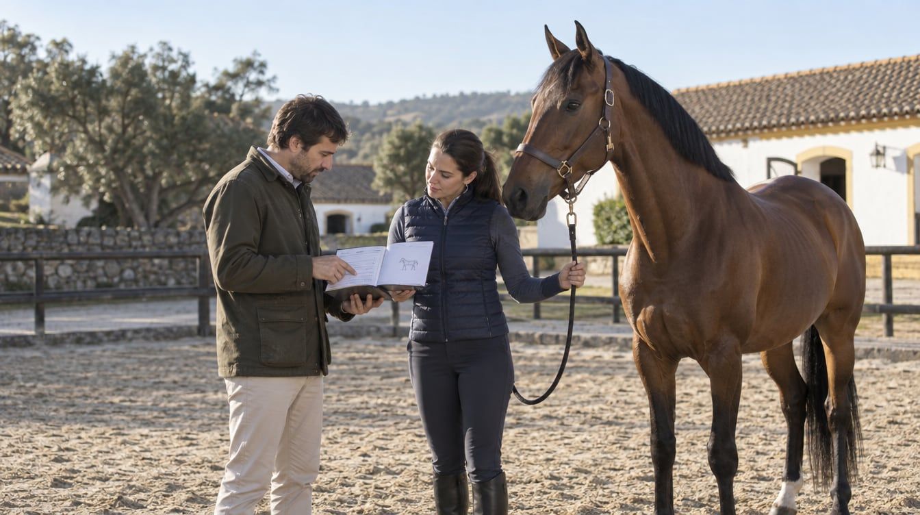 Comprador e vendedor a confirmar o passaporte de um cavalo num picadeiro português