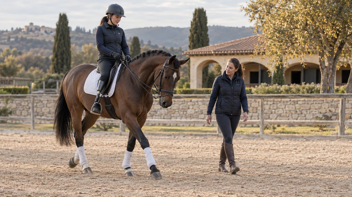 Caballo montado en una pista exterior con una persona a pie