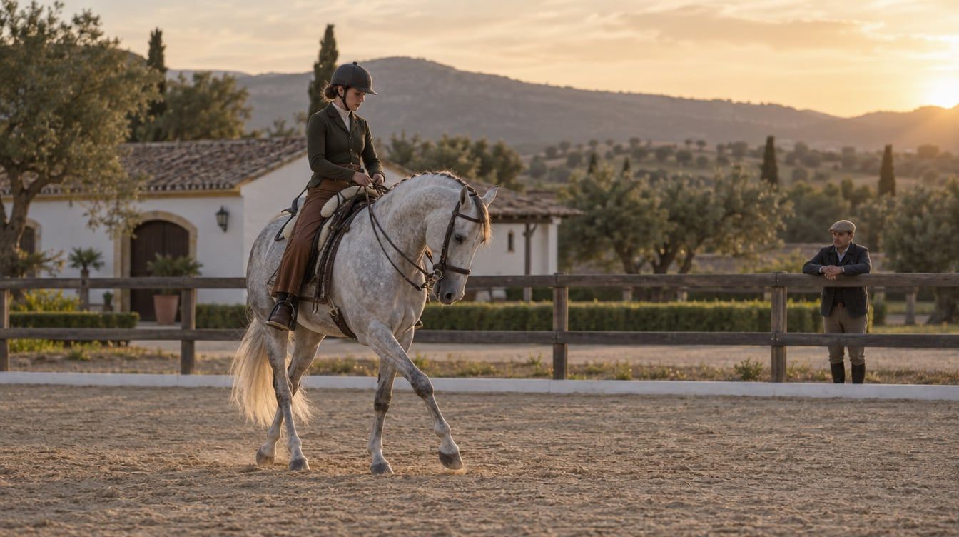 Jinete y caballo entrenando una reprise de doma vaquera en un cuadrilongo andaluz