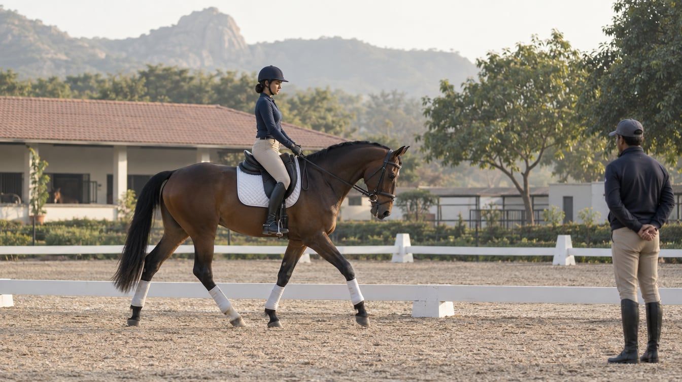 Rider schooling a bay horse through a dressage transition in a sand arena