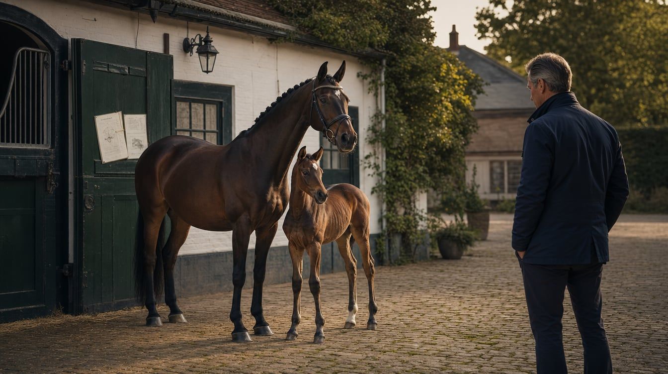Éleveur observant une élégante poulinière de dressage et son poulain dans un élevage de qualité
