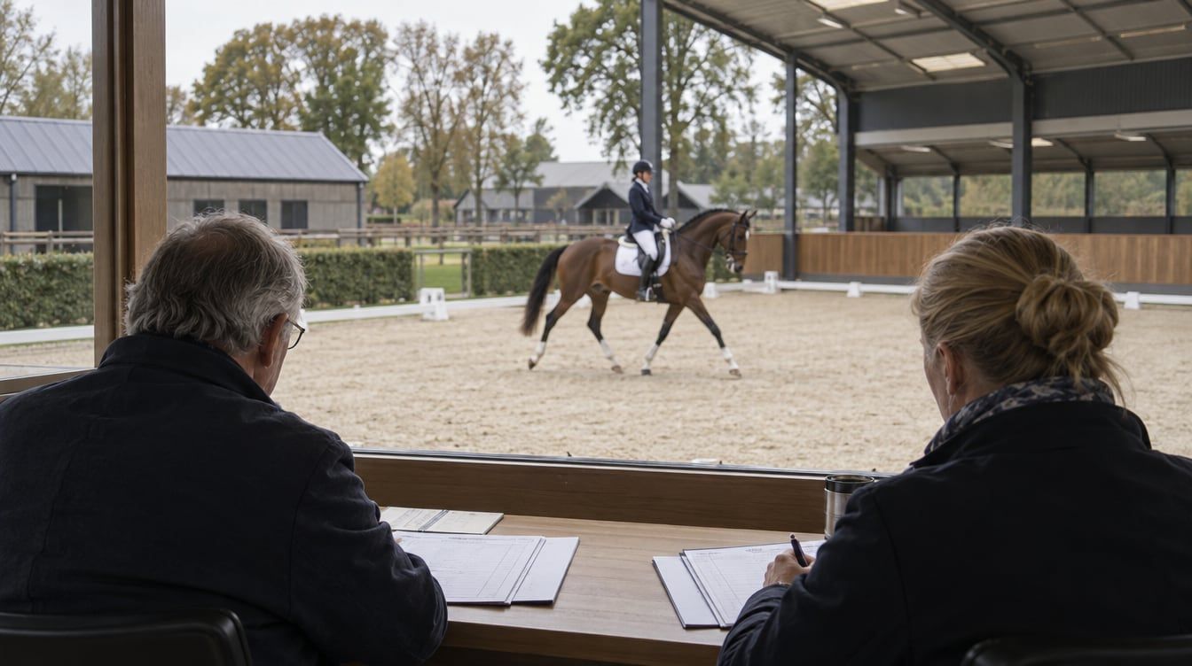Een dressuurjury en een schrijver bekijken een combinatie vanuit een juryhokje bij een Nederlandse rijbaan.
