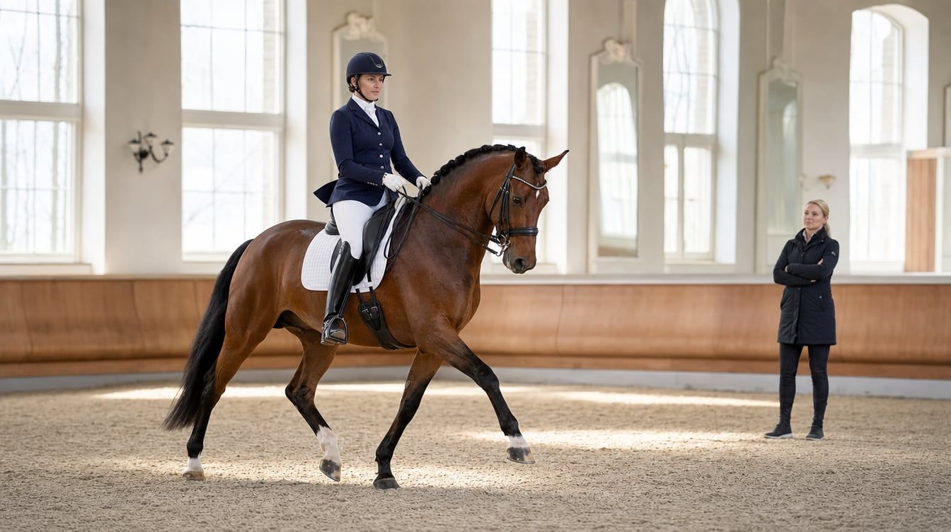 Rider conducting a relaxed test ride on an experienced dressage horse in a bright indoor arena
