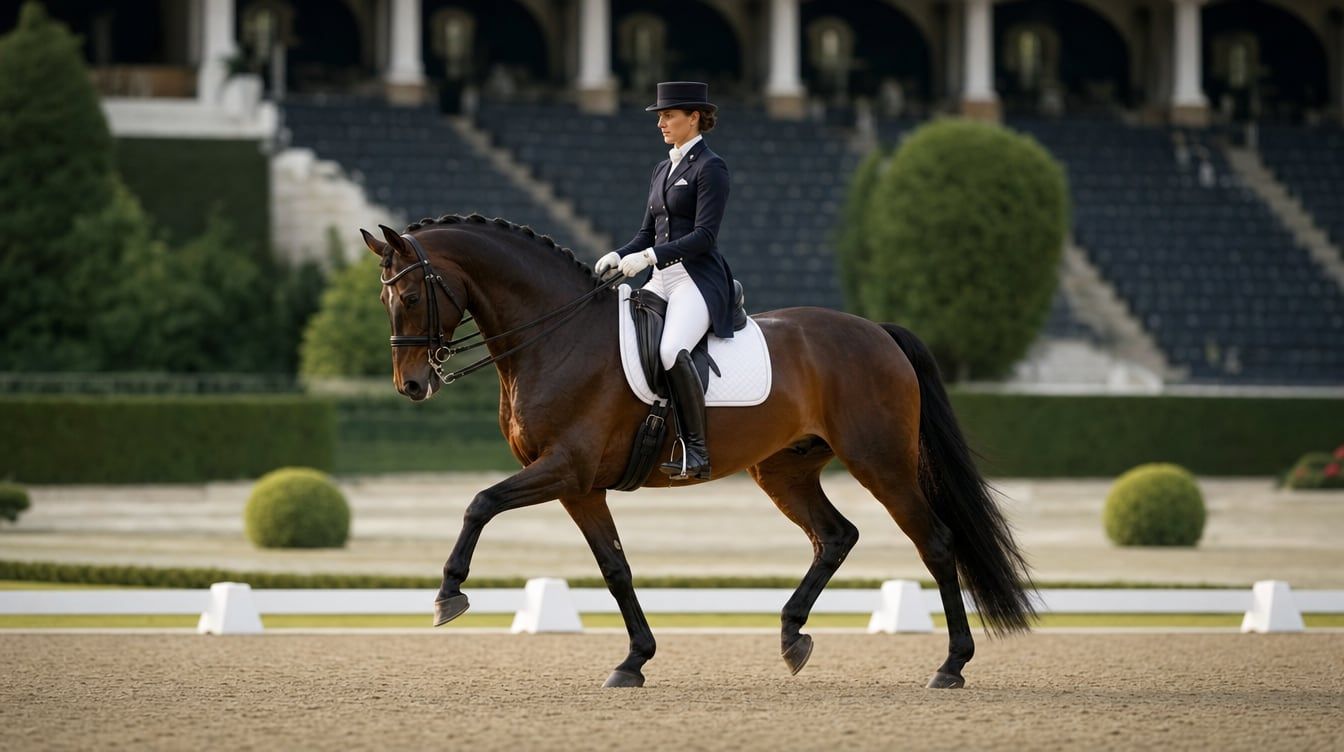 Dressage rider and dark bay horse in collected trot in an international championship arena
